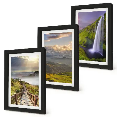 Conjunto de 3 quadros decorativos paisagens montanhosas pitorescas com cachoeira e trilha