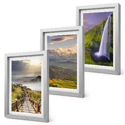 Conjunto de 3 quadros decorativos paisagens montanhosas pitorescas com cachoeira e trilha