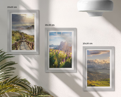 Conjunto de molduras com imagens Paisagens de montanha com flores, céu e trilha.