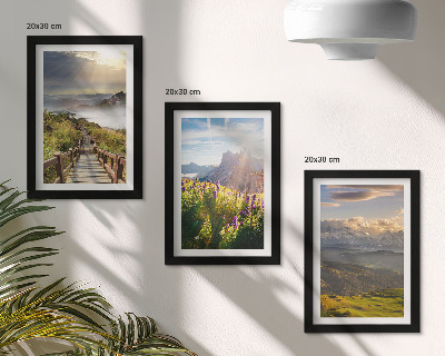 Conjunto de molduras com imagens Paisagens de montanha com flores, céu e trilha.