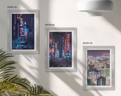 Tríptico com moldura Vistas noturnas de cidades iluminadas com luzes de néon.