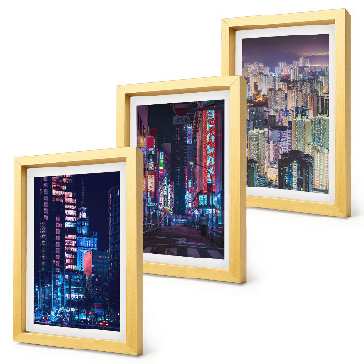 Tríptico com moldura Vistas noturnas de cidades iluminadas com luzes de néon.