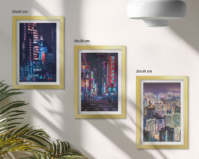 Tríptico com moldura Vistas noturnas de cidades iluminadas com luzes de néon.