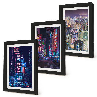 Tríptico com moldura Vistas noturnas de cidades iluminadas com luzes de néon.