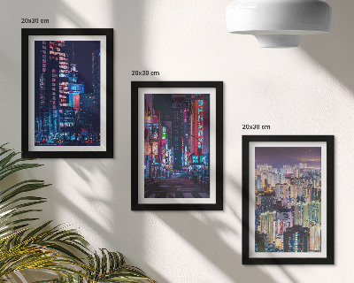 Tríptico com moldura Vistas noturnas de cidades iluminadas com luzes de néon.