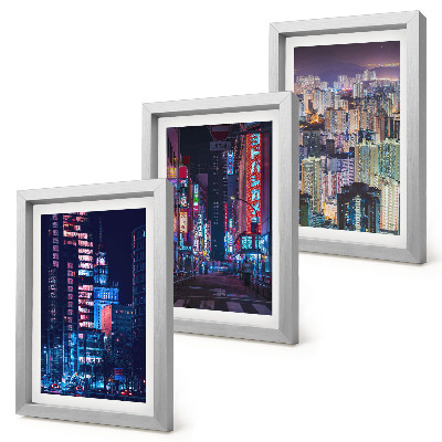 Tríptico com moldura Vistas noturnas de cidades iluminadas com luzes de néon.