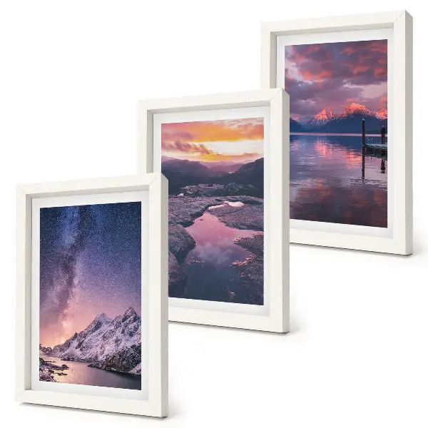 Conjunto de 3 quadros decorativos com paisagens naturais de montanhas e água