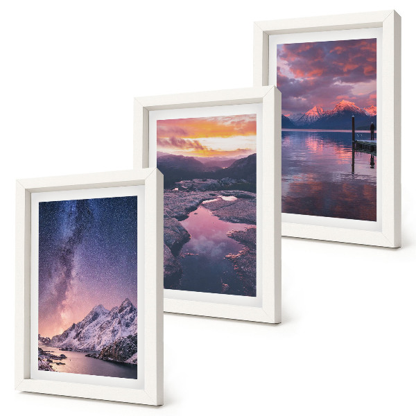 Conjunto de 3 quadros decorativos Montanhas e água em belas paisagens naturais.
