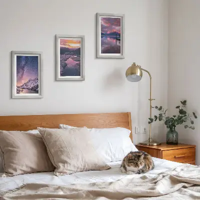 Conjunto de 3 quadros decorativos com paisagens naturais de montanhas e água
