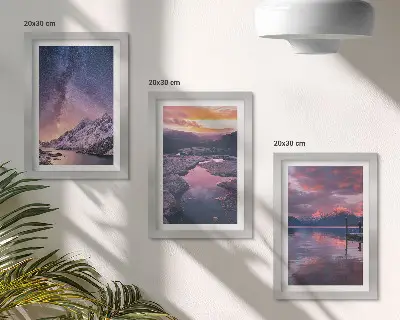 Conjunto de 3 quadros decorativos com paisagens naturais de montanhas e água