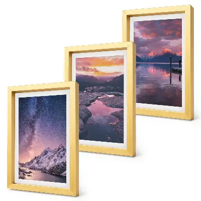 Conjunto de 3 quadros decorativos com paisagens naturais de montanhas e água