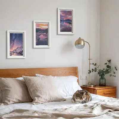 Conjunto de 3 quadros decorativos com paisagens naturais de montanhas e água