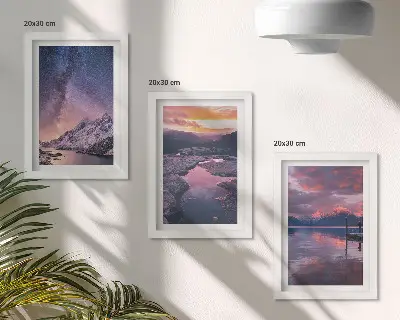 Conjunto de 3 quadros decorativos com paisagens naturais de montanhas e água