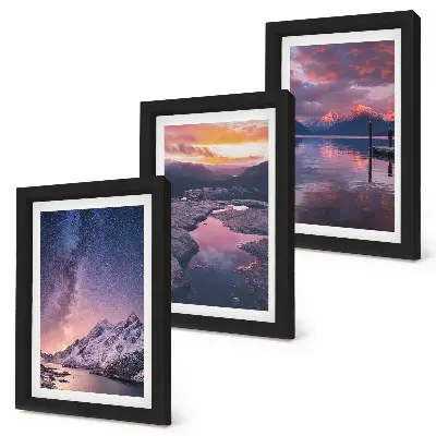 Conjunto de 3 quadros decorativos com paisagens naturais de montanhas e água