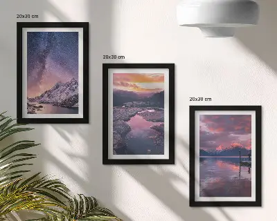 Conjunto de 3 quadros decorativos com paisagens naturais de montanhas e água