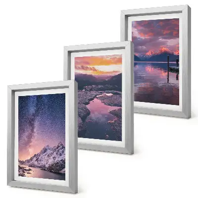 Conjunto de 3 quadros decorativos com paisagens naturais de montanhas e água