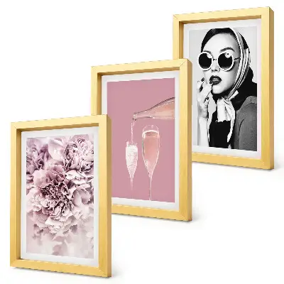 Conjunto de 3 quadros decorativos com flores em tons de rosa e uma mulher elegante
