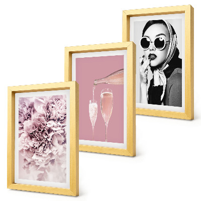 Conjunto de 3 quadros decorativos Flores em tons de rosa e uma mulher elegante.