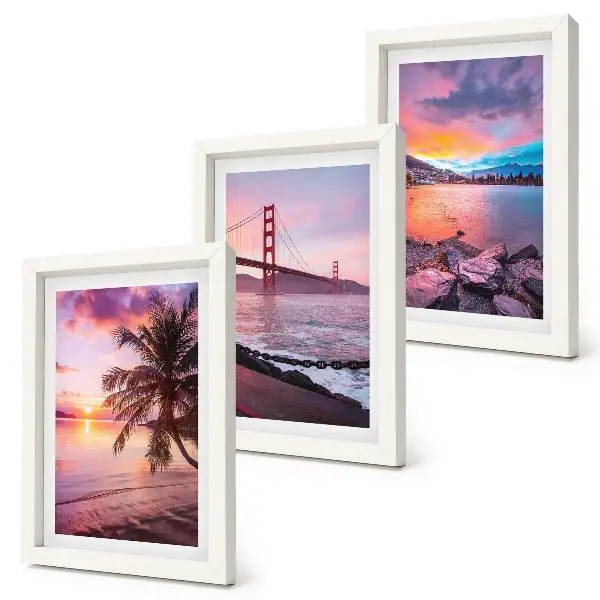 Conjunto de 3 quadros decorativos pôr do sol sobre a ponte e paisagem aquática