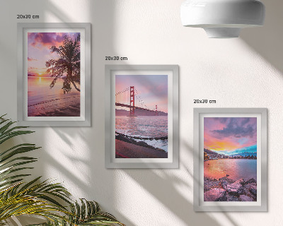 Conjunto de 3 quadros decorativos Pôr do sol sobre a ponte e a paisagem aquática