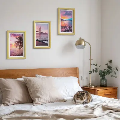 Conjunto de 3 quadros decorativos pôr do sol sobre a ponte e paisagem aquática