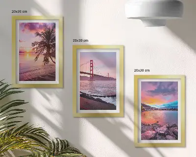 Conjunto de 3 quadros decorativos pôr do sol sobre a ponte e paisagem aquática