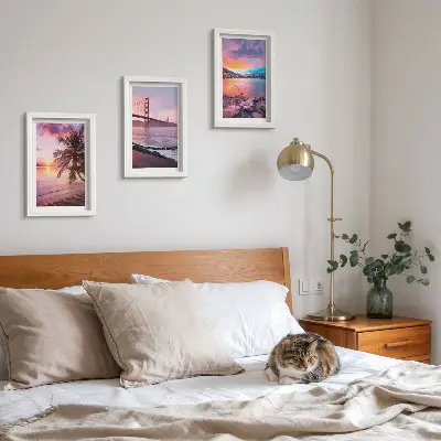 Conjunto de 3 quadros decorativos pôr do sol sobre a ponte e paisagem aquática