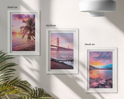 Conjunto de 3 quadros decorativos Pôr do sol sobre a ponte e a paisagem aquática