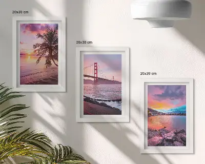 Conjunto de 3 quadros decorativos pôr do sol sobre a ponte e paisagem aquática