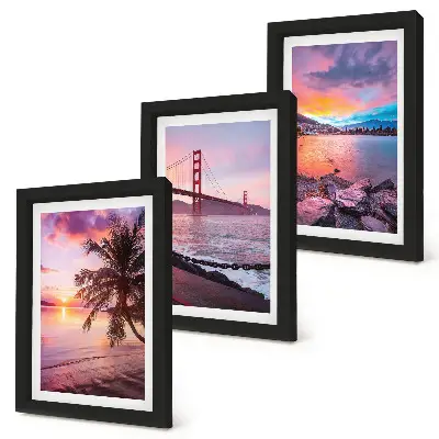 Conjunto de 3 quadros decorativos pôr do sol sobre a ponte e paisagem aquática