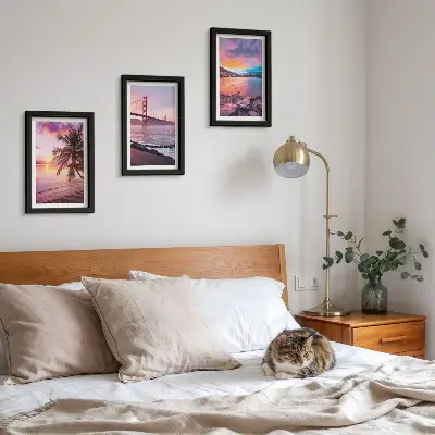 Conjunto de 3 quadros decorativos pôr do sol sobre a ponte e paisagem aquática