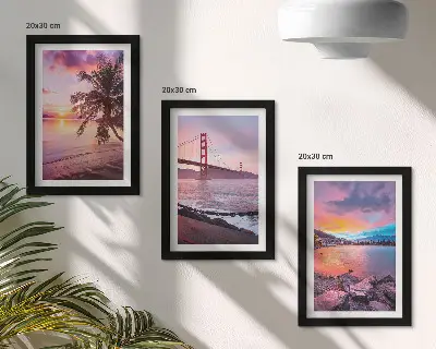 Conjunto de 3 quadros decorativos pôr do sol sobre a ponte e paisagem aquática