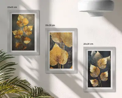 Tríptico com moldura folhas em tons de amarelo sobre fundo escuro
