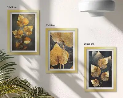 Tríptico com moldura folhas em tons de amarelo sobre fundo escuro