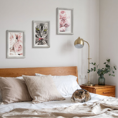 Conjunto de 3 quadros decorativos Um gato entre flores cor-de-rosa de rosas e peônias.