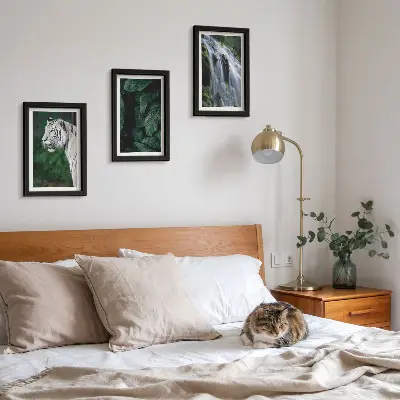 Conjunto de 3 quadros decorativos com estampa de folhas de tigre branco e cachoeira em ambiente natural