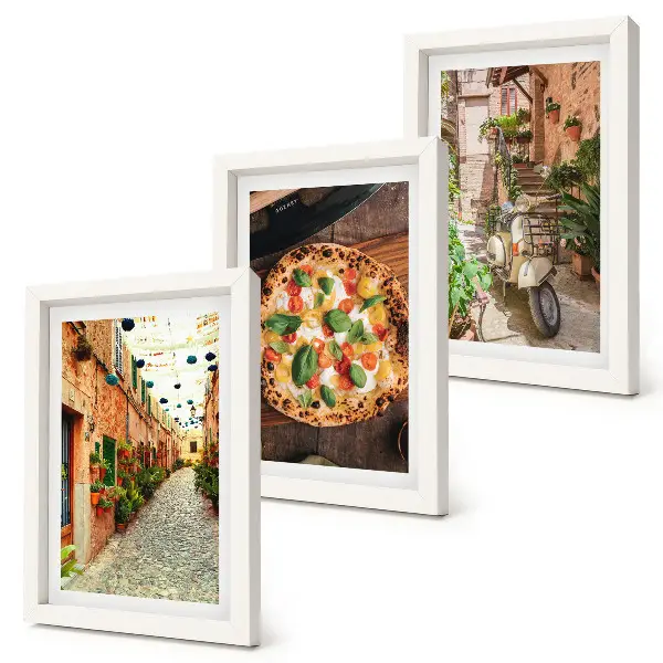 Conjunto de 3 quadros decorativos com temática de ruas charmosas, plantas e pizza italiana