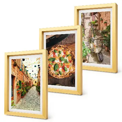 Conjunto de 3 quadros decorativos com temática de ruas charmosas, plantas e pizza italiana