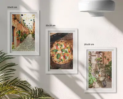 Conjunto de 3 quadros decorativos com temática de ruas charmosas, plantas e pizza italiana