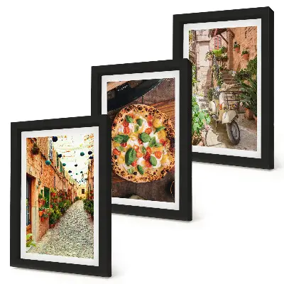 Conjunto de 3 quadros decorativos com temática de ruas charmosas, plantas e pizza italiana
