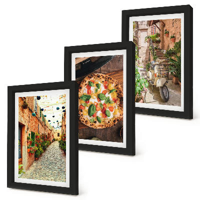 Conjunto de 3 quadros decorativos Ruas charmosas com plantas e pizza italiana.