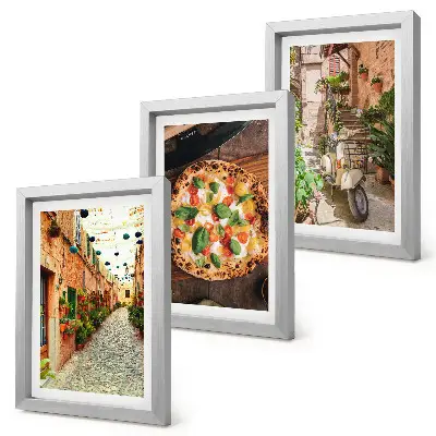 Conjunto de 3 quadros decorativos com temática de ruas charmosas, plantas e pizza italiana