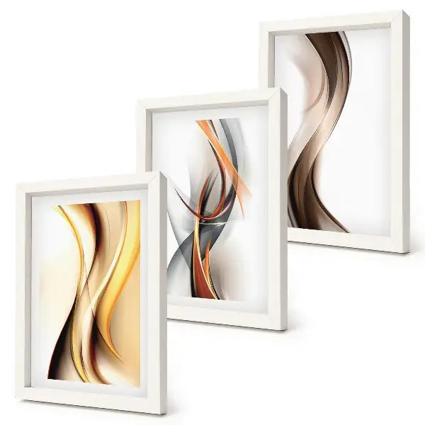 Conjunto de quadros decorativos com estampas de ondas em tons de amarelo cinza e marrom