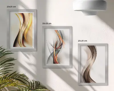 Conjunto de quadros decorativos com estampas de ondas em tons de amarelo cinza e marrom