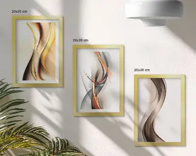 Conjunto de quadros decorativos com estampas de ondas em tons de amarelo cinza e marrom