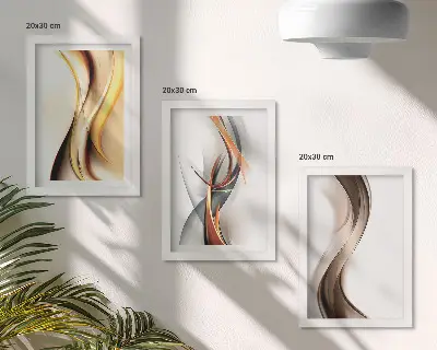 Conjunto de quadros decorativos com estampas de ondas em tons de amarelo cinza e marrom