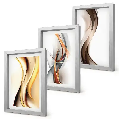Conjunto de quadros decorativos com estampas de ondas em tons de amarelo cinza e marrom