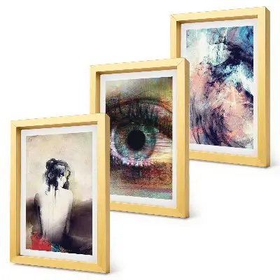 Tríptico com moldura retrato de um olho feminino com cores abstratas e emoções