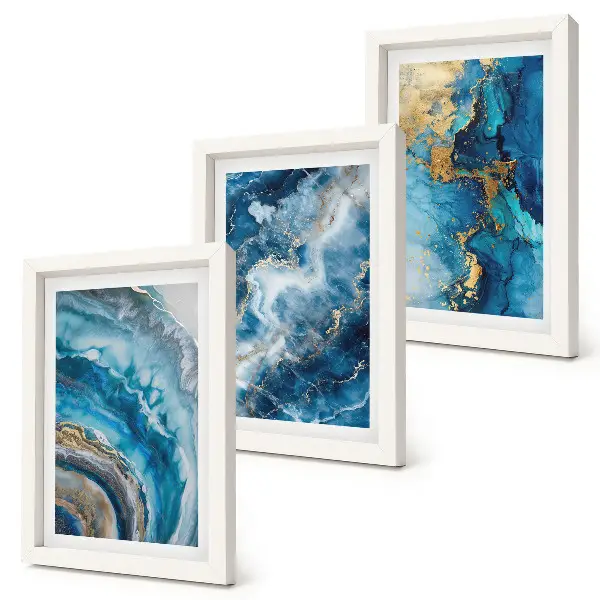Conjunto de 3 quadros decorativos com padrões abstratos azuis