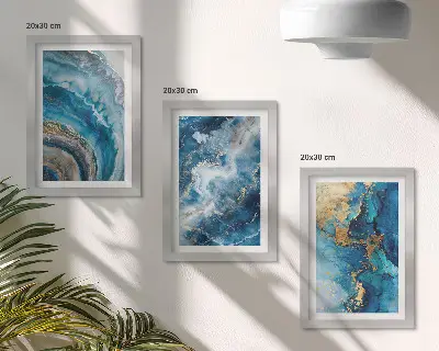 Conjunto de 3 quadros decorativos com padrões abstratos azuis
